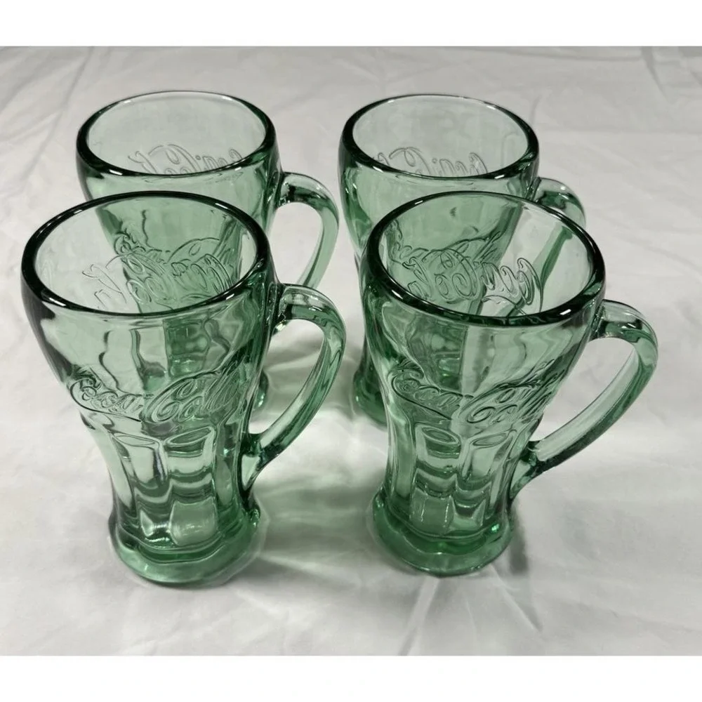 Vintage Coca-Cola Green Glass Latte Mugs Embossed Coke Cups‎ Set of 4